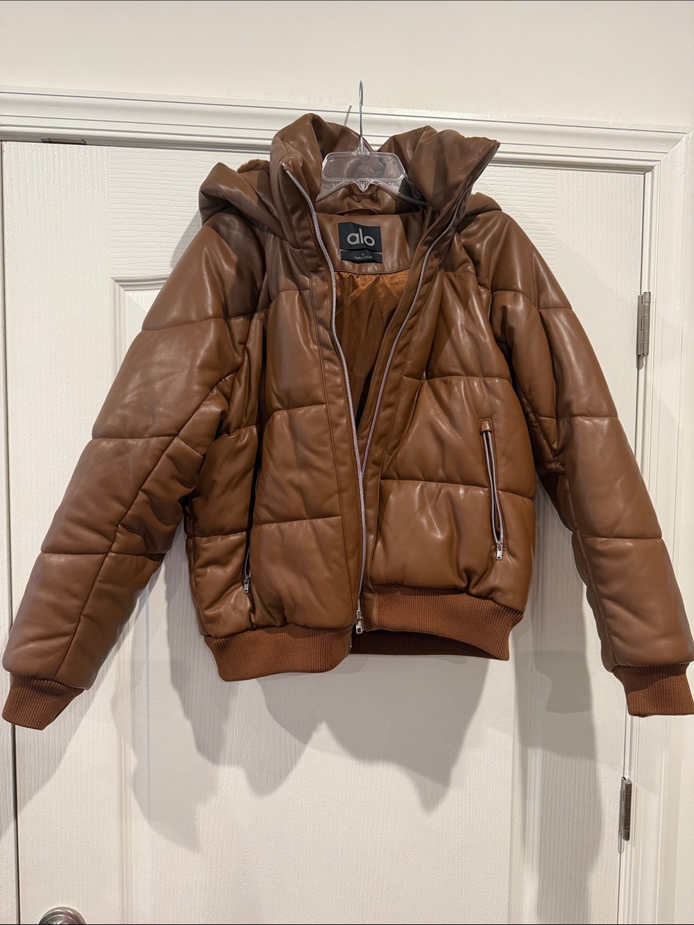 ALO Yoga Brown Quilted Faux-Leather Puffer Jacket with Hood
